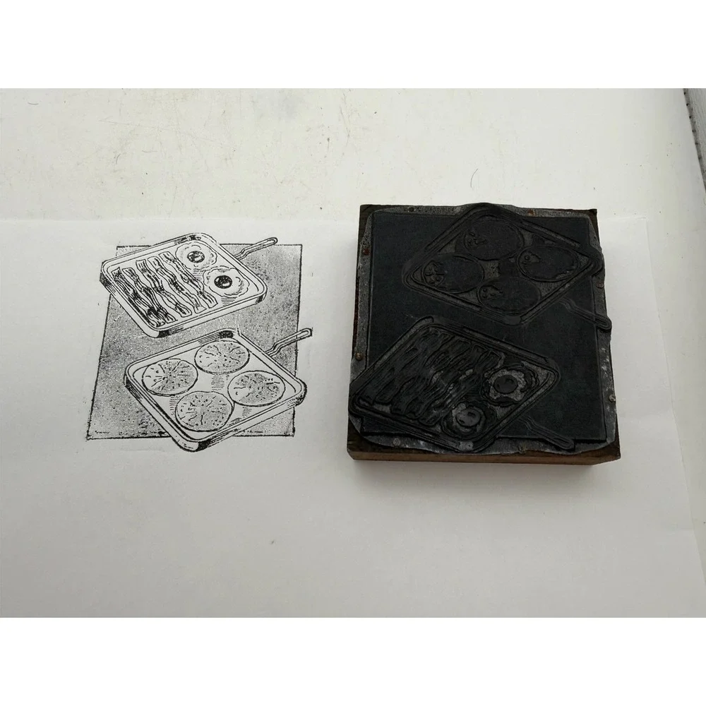 Vintage Letterpress Printing Block Breakfast Bacon Eggs & Pancakes Print Plate